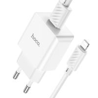 Сетевое зарядное устройство Hoco C106A, 1 USB, 2.1 А, кабель Lightning - USB, 1 м, белое