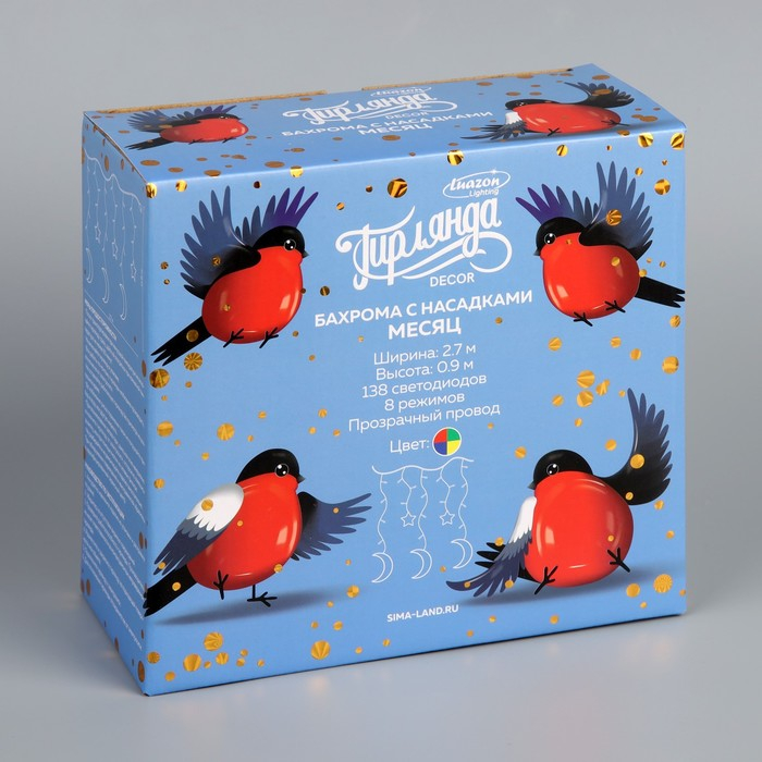 Гирлянда «Бахрома» 2.7 × 0.9 м с насадками «Месяц», IP20, прозрачная нить, 138 LED, свечение мульти, 8 режимов, 220 В Гирлянда «Бахрома» 2.7 × 0.9 м с насадками «Месяц», IP20, прозрачная нить, 138 LED, свечение мульти, 8 режимов, 220 В