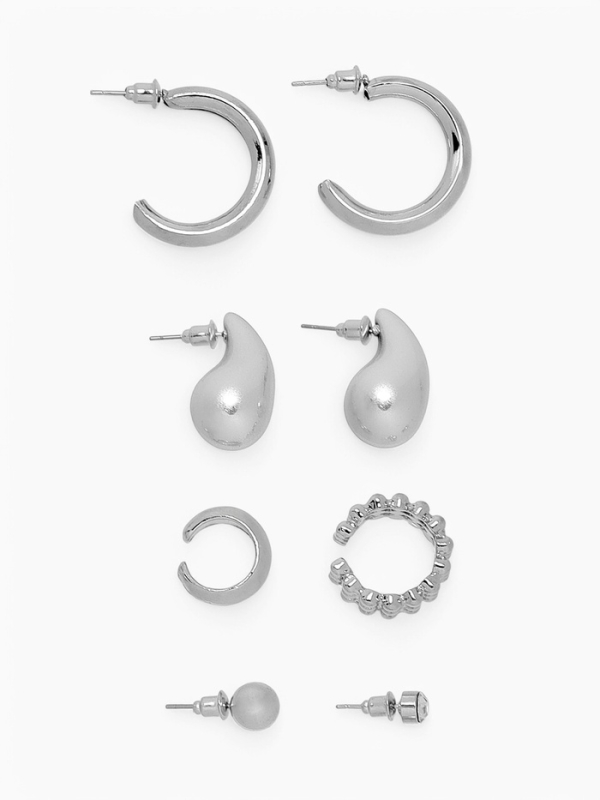 Набор серьги и каффы 8 шт «Кольца» капли, цвет серебро