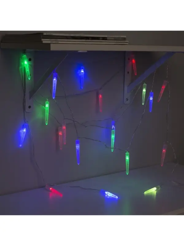 Гирлянда &laquo;Нить&raquo; 5 м с насадками &laquo;Сосульки граненые&raquo;, IP20, прозрачная нить, 20 LED, свечение мульти (RG/RB), мигание, 220 В