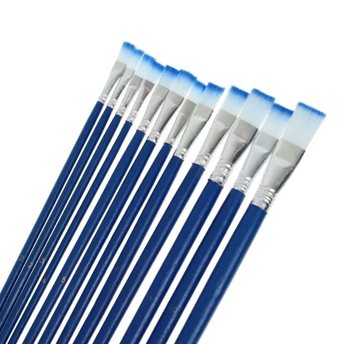 Набор кистей для рисования, нейлон, 12 штук: №1, 2, 3, 4, 5, 6, 7, 8, 9, 10, 11, 12, плоские, деревянная ручка, международный размер