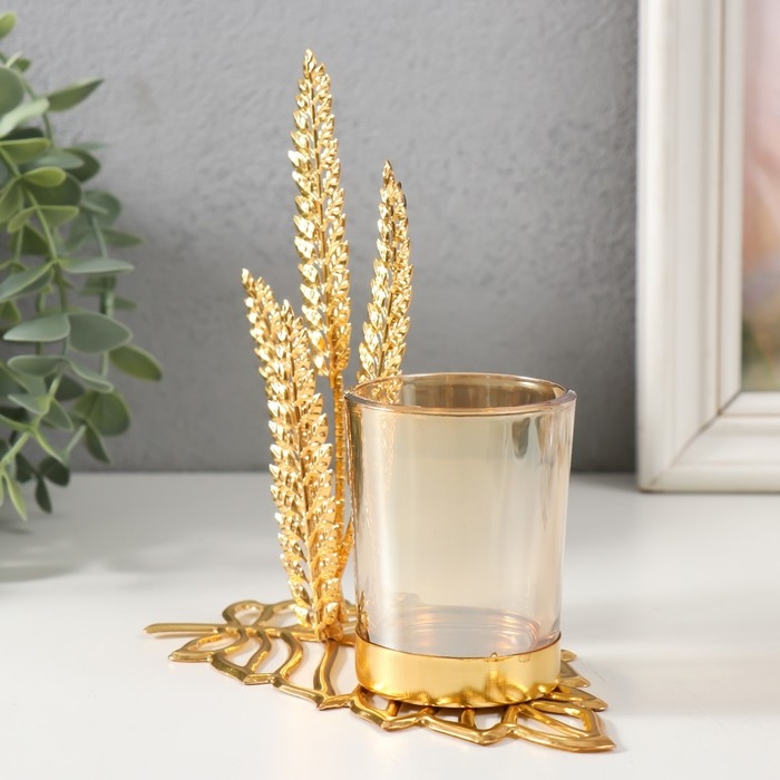 Подсвечник металл, стекло на 1 свечу Подсвечник металл, стекло на 1 свечу "Высокие листы" d=4,7 см, золото 14,8х8х15 см