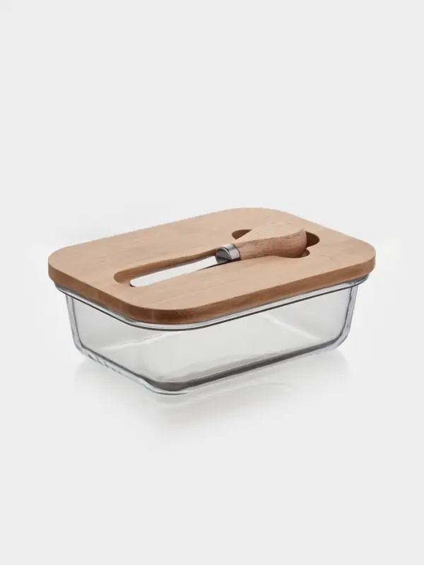 Маслёнка, 17.4&times;13&times;6.5 см, с бамбуковой крышкой-подставкой и ножом, стекло, прозрачная