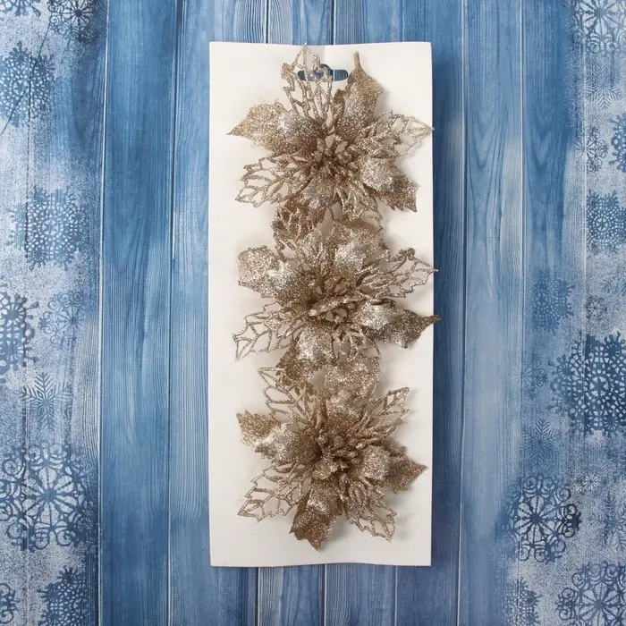 Украшение ёлочное "Цветы блеск резные" (набор 3 шт) на зажимах, 10,5 см, золото