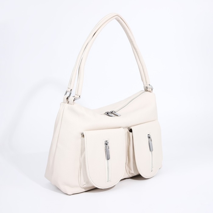 Сумка-тоут на молнии, 3 наружных кармана, цвет молочный