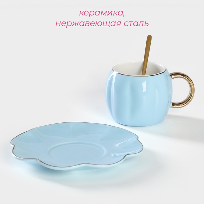 Чайная пара керамическая «Цветок», 3 предмета: чашка 240 мл, блюдце d=16 см, ложка, цвет голубой Чайная пара керамическая «Цветок», 3 предмета: чашка 240 мл, блюдце d=16 см, ложка, цвет голубой