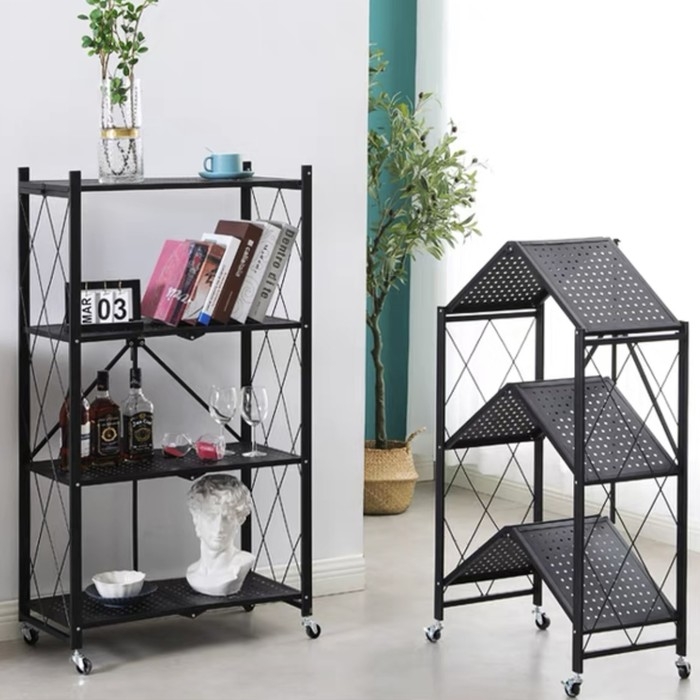 Стеллаж складной на колесах, 4 полки, 72×34×122см, цвет чёрный матовый