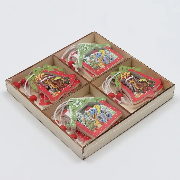 Елочные игрушки в деревянной подарочной упаковке, 12 шт.