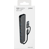 Разветвитель USB PERO MH06, USB-С/A TO 2xUSB-C+USB 3.0+4xUSB 2.0 серый