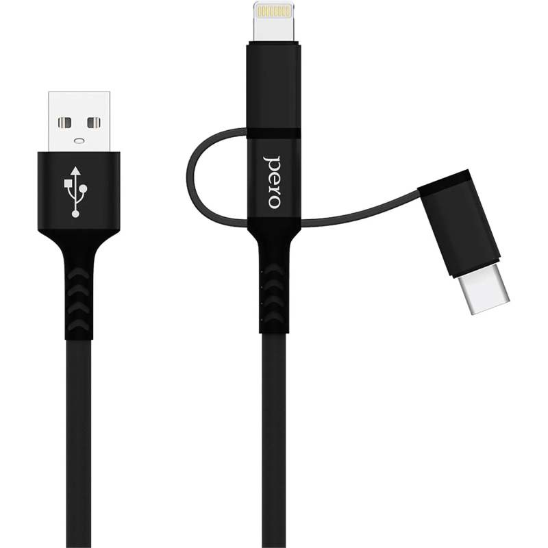 Кабель PERO, DC-06, 2.4А, 2м, Lightning/micro USB/Type-C, черный