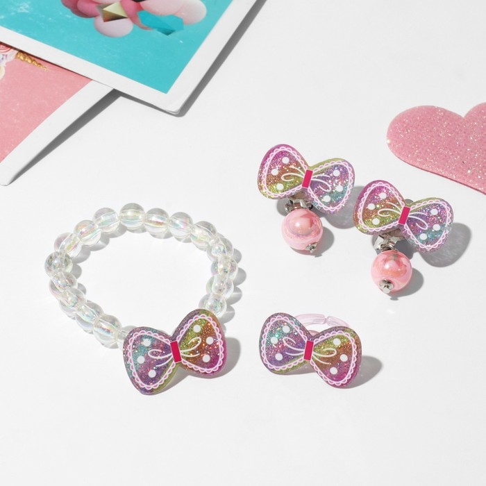 Набор детский «Выбражулька» 3 предмета: клипсы, браслет, кольцо, бантики, цветной Набор детский «Выбражулька» 3 предмета: клипсы, браслет, кольцо, бантики, цветной