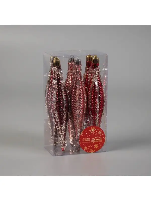 Ёлочные игрушка набор 6 шт. &laquo;Сосулька нить блеск&raquo; 15.5&times;3 см, розовый красный