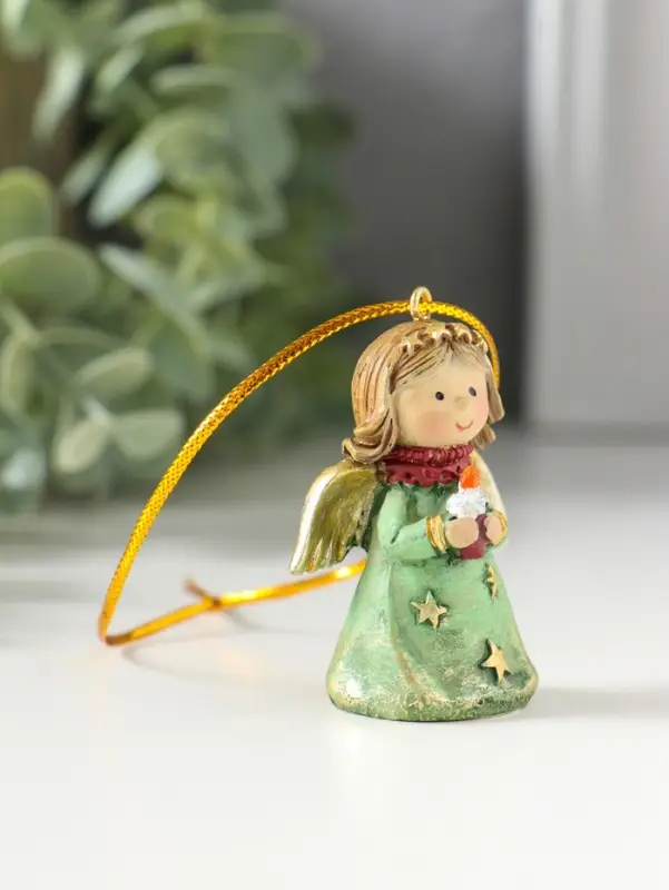 Сувенир полистоун "Ангелочек со звёздами на зелёном платье, со свечой в руках" 3,8х2,6х5 см   109157