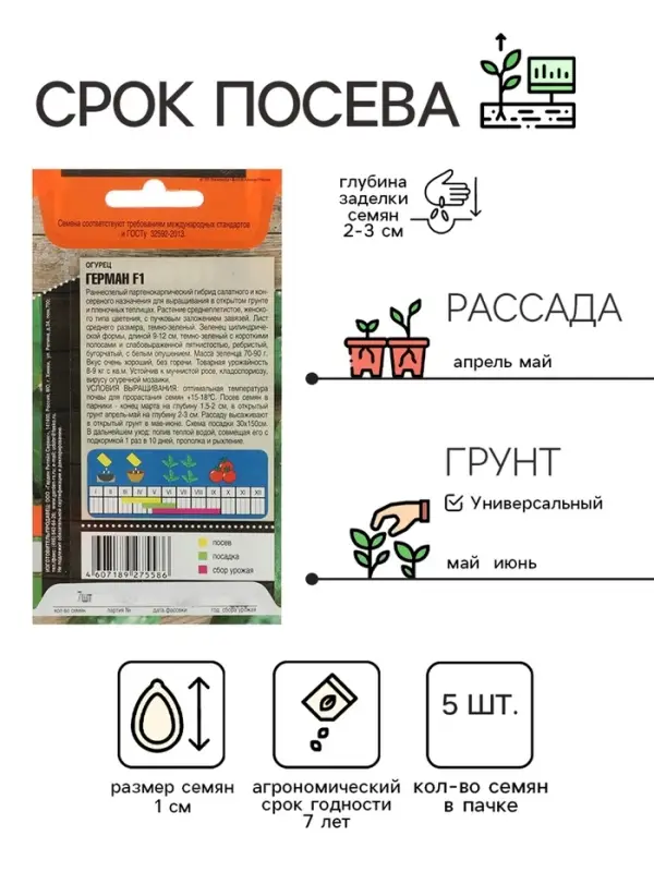 Семена огурца &laquo;Герман&raquo;, F1, 5 шт., &laquo;Тимирязевский питомник&raquo;