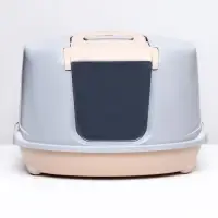 Туалет-домик угловой для кошек, 57&times;46&times;37 см, закрытый, с дверцей, бежевый, серый