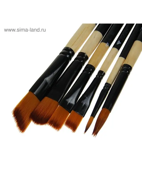 Набор кистей для рисования, нейлон, 6 штук, круглые, плоские, деревянная ручка, международный размер