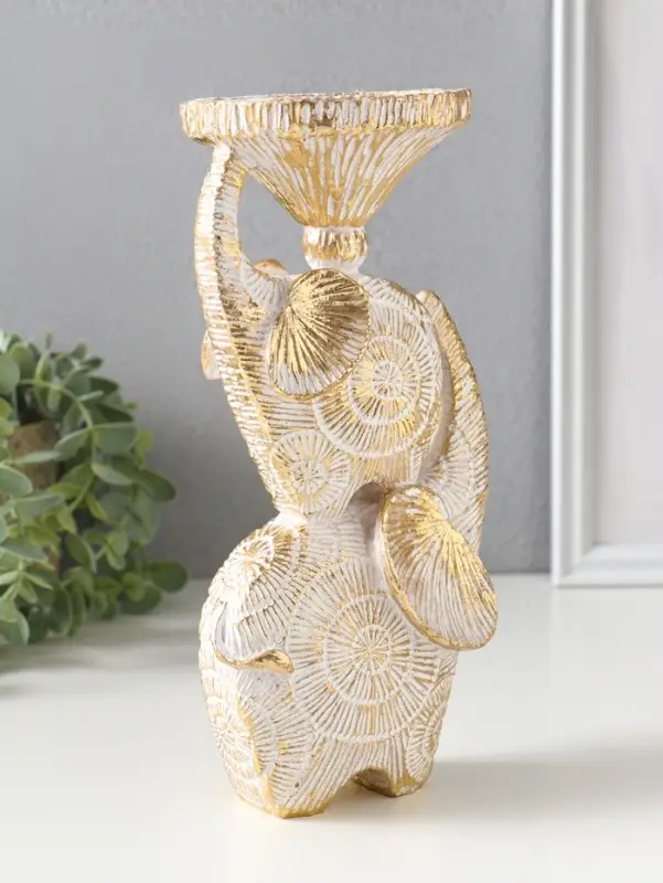 Подсвечник полистоун на 1 свечу "Слоны. Золотые круги" d=8 см 12х10х24 см