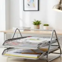 Лоток для бумаг горизонтальный, металлическая сетка, 2 отделения, серый