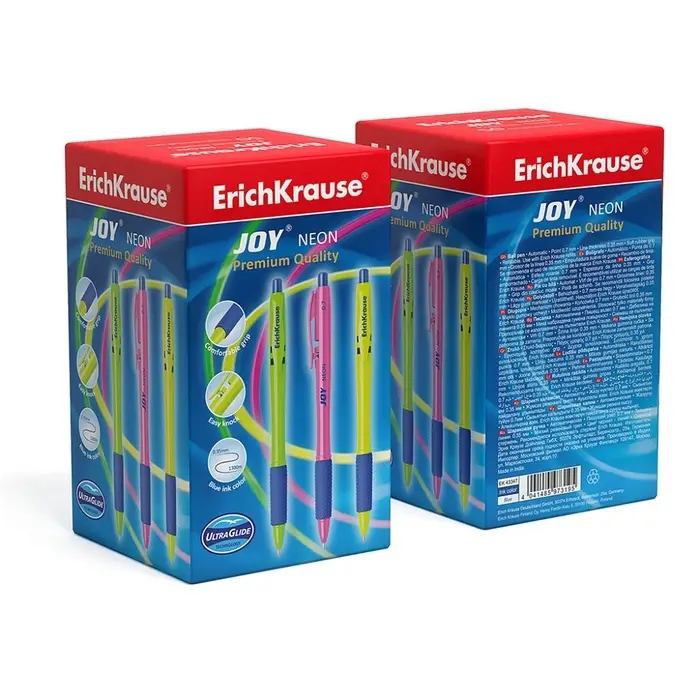 Ручка шариковая автоматическая ErichKrause JOY Neon, узел 0.7 мм, чернила синие, резиновый держатель, супермягкое письмо, длина линии письма 1300 метров, МИКС