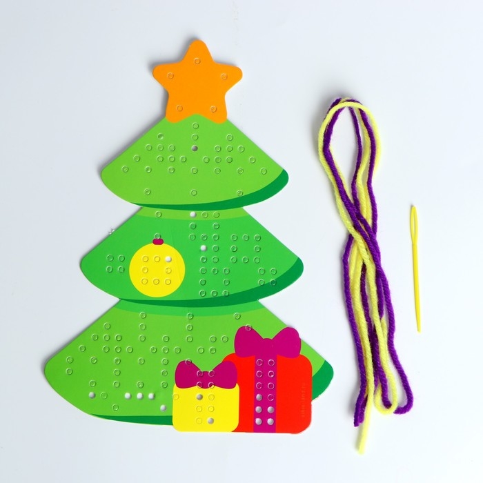 Вышивка пряжей «Новый год! Ёлка» на картоне с пластиковой иглой, новогодний набор для творчества Вышивка пряжей «Новый год! Ёлка» на картоне с пластиковой иглой, новогодний набор для творчества