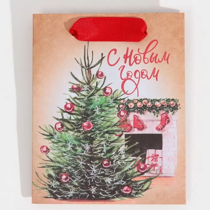 Пакет подарочный новогодний крафтовый &laquo;Вечер у камина&raquo;, S 12 х 15 х 5.5 см