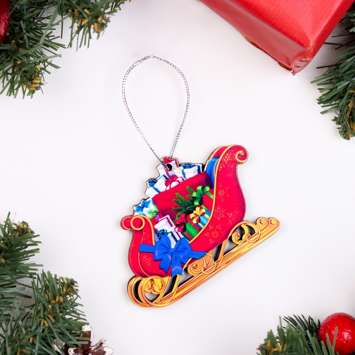 Ёлочная игрушка двусторонняя Ёлочная игрушка двусторонняя "Сани с подарком", 9х6 см