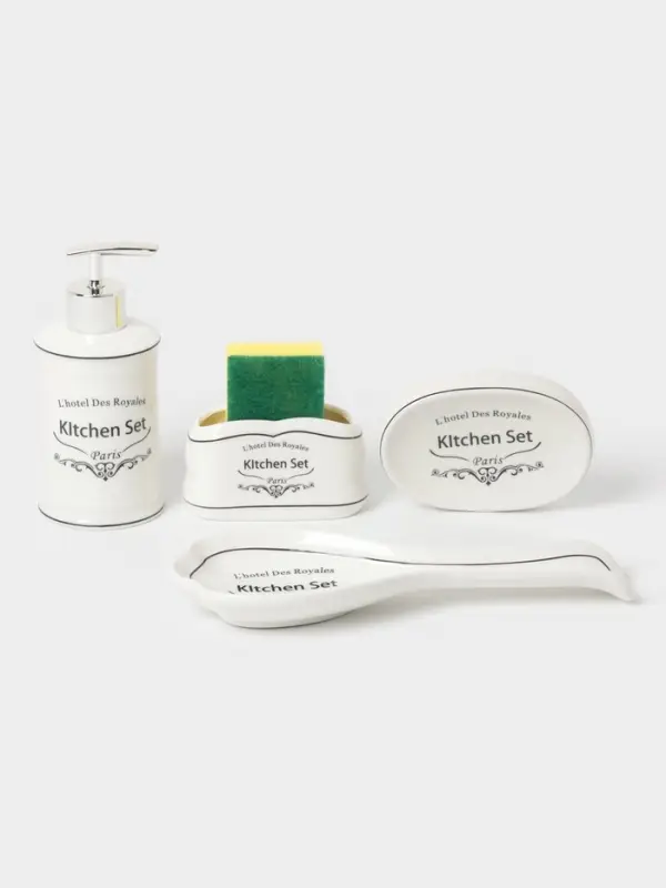 Аксессуары для кухни Доляна &laquo;Уют&raquo;, 4 предмета, дозатор 300 мл, мыльница, подставка для губки, подставка для ложки, белые