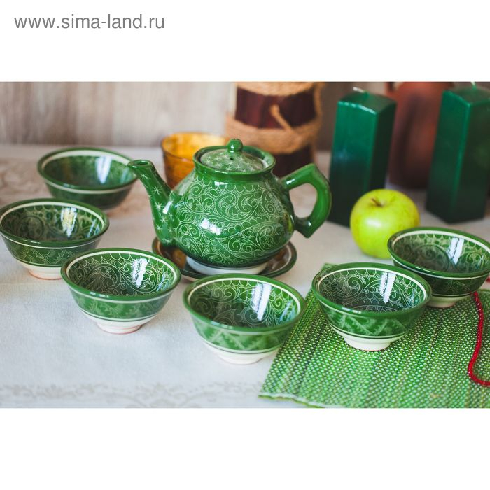 Набор чайный, риштанская роспись, 9 предметов, зелёный: чайник 0.8 л, пиалы 0.3 л Набор чайный, риштанская роспись, 9 предметов, зелёный: чайник 0.8 л, пиалы 0.3 л