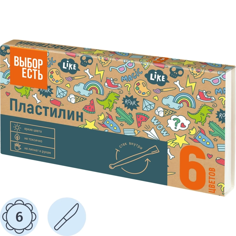 Пластилин классический Выбор Есть 6 цв.90 гр, набор со стеком
