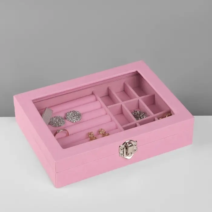 Шкатулка для украшений, 7 полос, 9 ячеек, 20.5&times;15&times;5 см, розовая