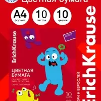 Бумага цветная А4 ErichKrause Jolly Friends, 10 листов, 10 цветов, односторонняя, на клею