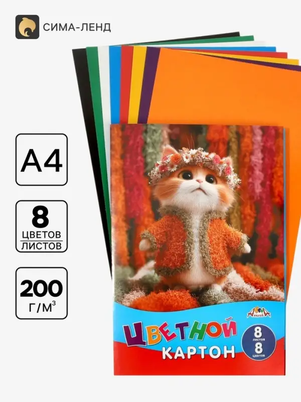 Картон цветной А4 &laquo;Милый котёнок&raquo;, 8 листов, 8 цветов, 200 г/м&sup2;, немелованный, в папке