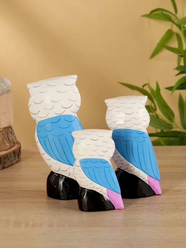 Набор сувенирный «Совы», h=18 см, h=14.5 см, h=11 см, дерево, бело-синий