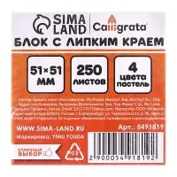 Блок с липким краем, 51&times;51 мм, 250 листов, пастель, 4 цвета