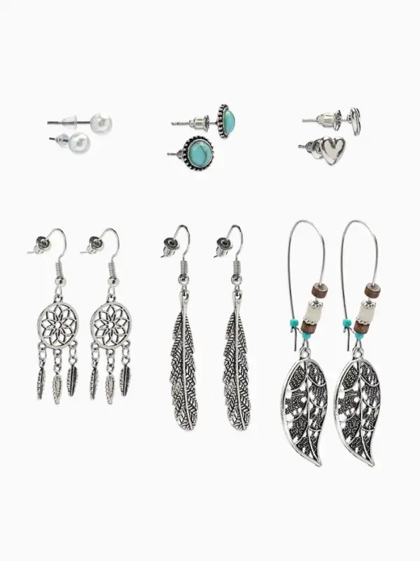 Набор серег QF &laquo;Хиппи&raquo;, 6 пар, ловец снов, цветные в чернёном серебре