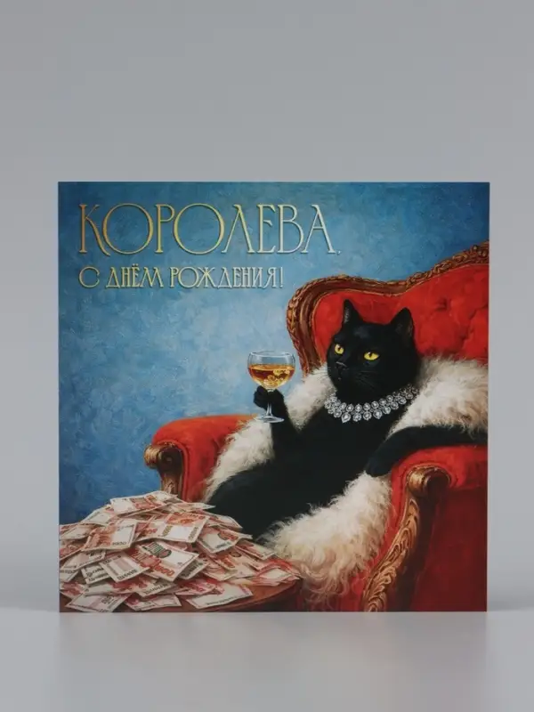 Открытка &laquo;Королева, с Днём Рождения!&raquo;, кошка, 15&times;15 см