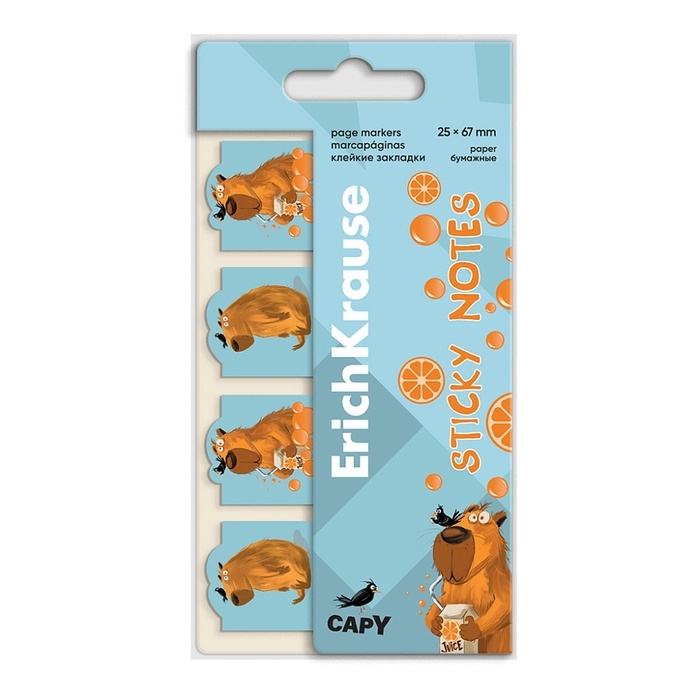 Закладки с клеевым краем бумажные 25x67 мм, ErichKrause "Happy Capy", 80 листов, голубые с принтом