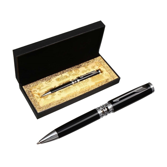 Ручка подарочная, шариковая  Ручка подарочная, шариковая "Кронос" в кожзам футляре, поворотная, корпус черный с серебром