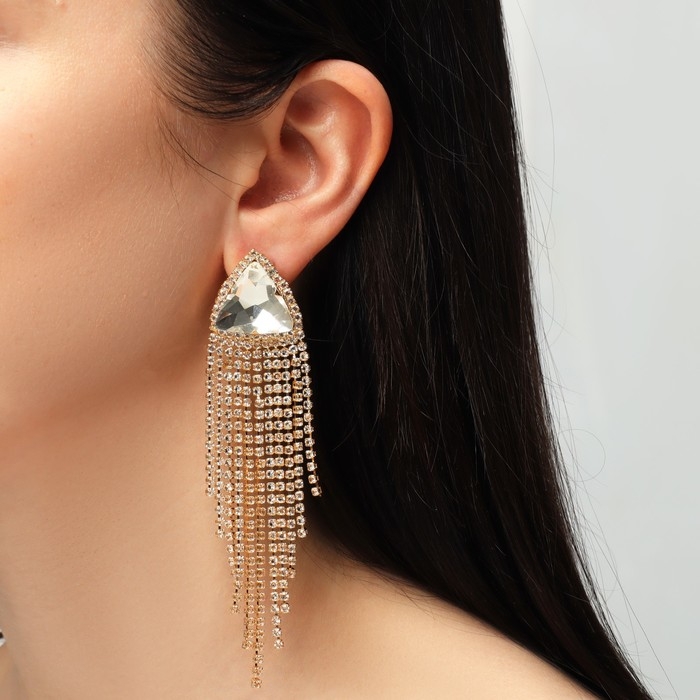 Серьги висячие со стразами «Грация» крупный треугольник, цвет белый в золоте, 11 см Серьги висячие со стразами «Грация» крупный треугольник, цвет белый в золоте, 11 см