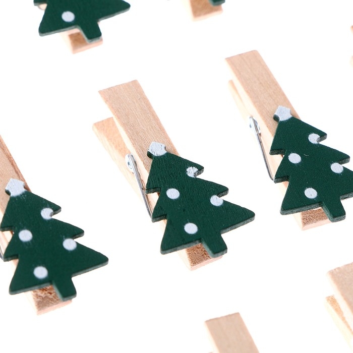 Новый год! Прищепки декоративные с верёвкой для подвеса &laquo;Ёлочки зелёные&raquo; набор 10 шт., 1,5 &times; 12 &times; 14 см