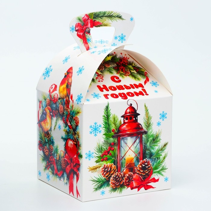 Новый год. Подарочная коробка Новогодняя КУБ МАКСИ "Еловый венок" 15 х 15 х 19 см.