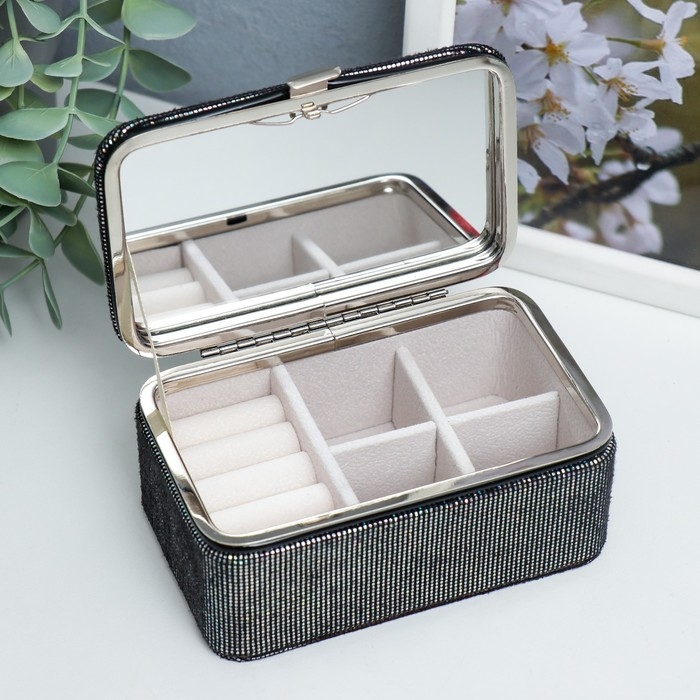 Шкатулка кожзам для украшений  Шкатулка кожзам для украшений "Мелкие квадратики. Чёрное серебро" 6х7х12 см