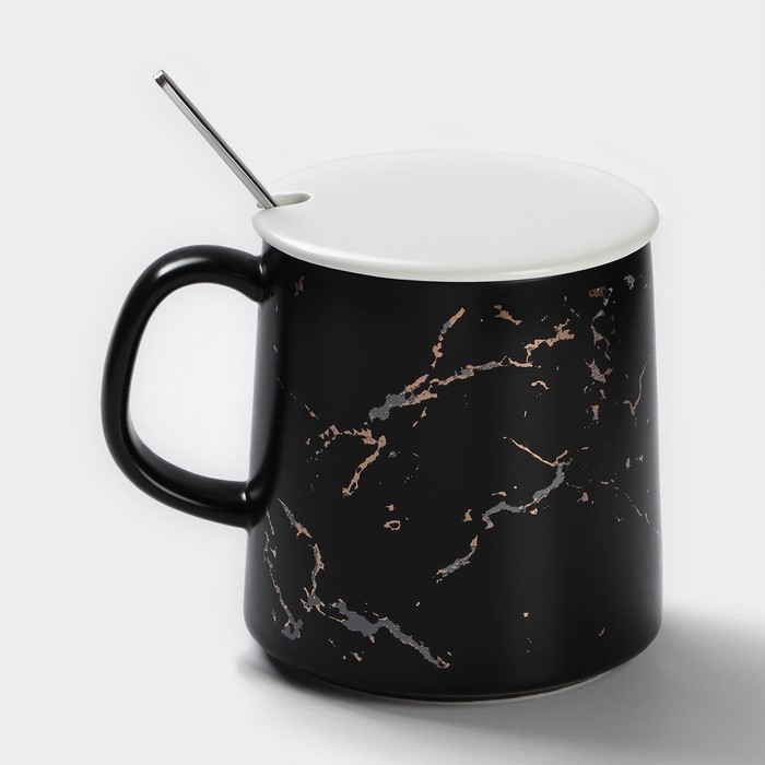 Кружка керамическая с ложкой «Чёрный мрамор», 350 мл, цвет чёрный Кружка керамическая с ложкой «Чёрный мрамор», 350 мл, цвет чёрный