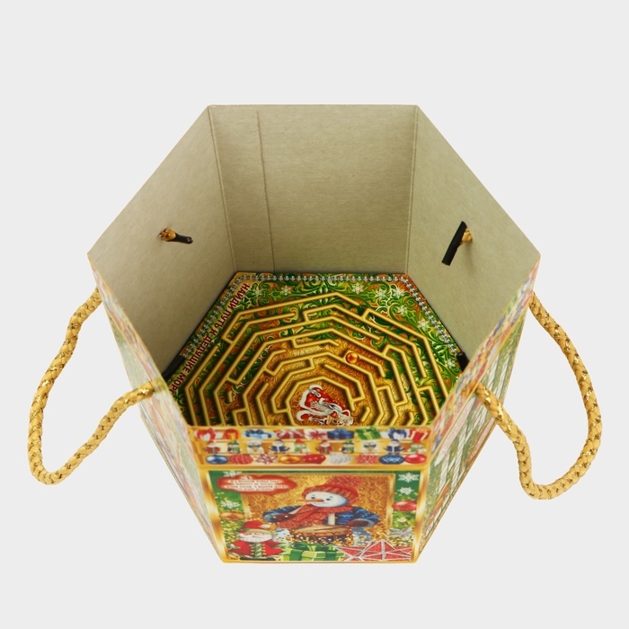 Новый год. Подарочная коробка новогодняя Шестигранник малый Новый год. Подарочная коробка новогодняя Шестигранник малый "Малахит" с веревочными ручками, 210x210x185 мм.