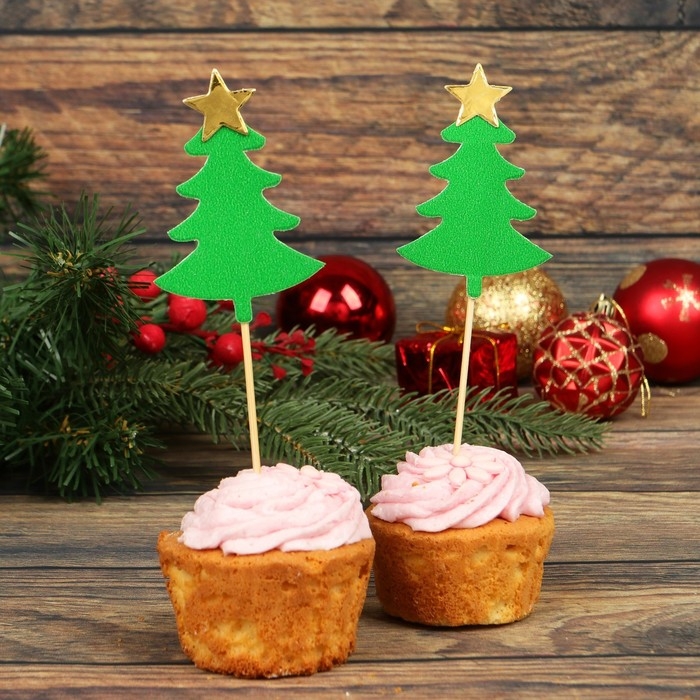 Шпажки «Ёлочка со звездой», набор 5 шт., цвет зелёный Шпажки «Ёлочка со звездой», набор 5 шт., цвет зелёный