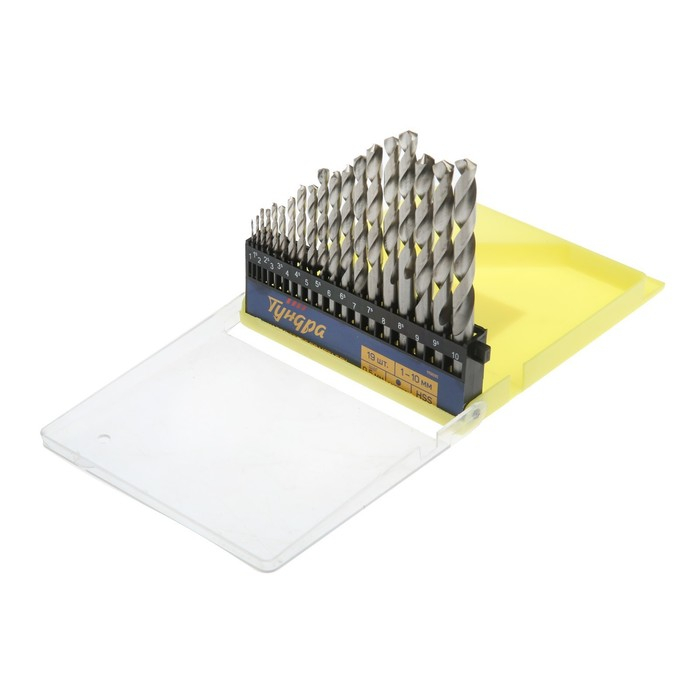 Набор сверл по металлу ТУНДРА, HSS, цилиндрический хвост., 1 - 10 мм (через 0.5 мм), 19 шт. Набор сверл по металлу ТУНДРА, HSS, цилиндрический хвост., 1 - 10 мм (через 0.5 мм), 19 шт.