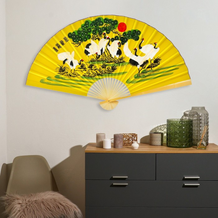 Веер бамбук, текстиль h=90 см  Веер бамбук, текстиль h=90 см "Журавли" жёлтый