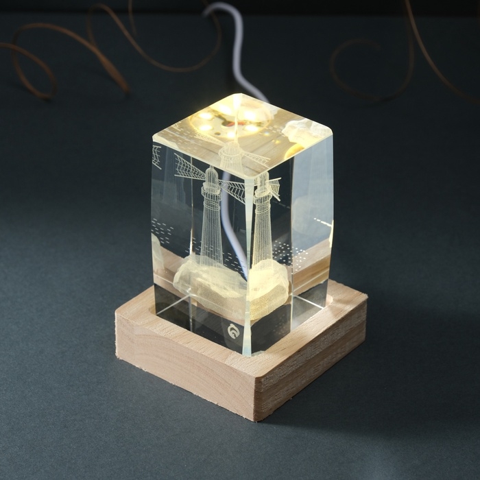 Сувенир стекло подсветка  Сувенир стекло подсветка "Прямоугольник. Маяк" подставка дерево, USB 7х7х10