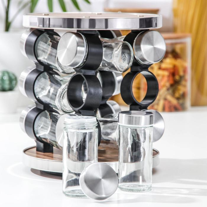 Набор для специй из стекла на подставке &laquo;Хай-тек&raquo;, 19&times;19&times;21,5 см, ёмкость, 90 мл, 4&times;9,5 см, 12 шт