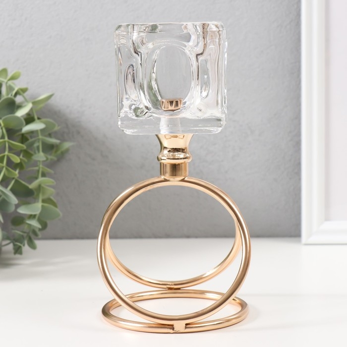 Подсвечник металл, стекло на 1 свечу  Подсвечник металл, стекло на 1 свечу "Ледяной кубик" d=6 см золото 10х10х19 см